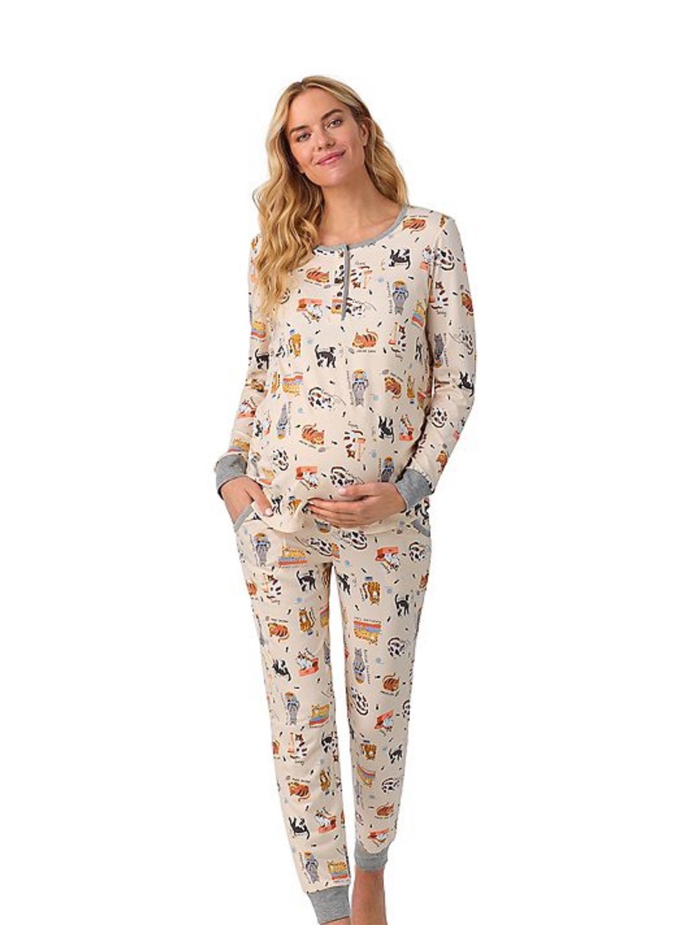 Cuddl Duds Cream Maternity Pajama Set with Multicolor Dog Print